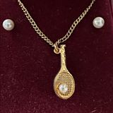 Vintage Saravel EUC goldtone tennis racquet necklace & earrings in original box Photo 0