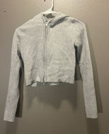 Brandy Melville Heather Gray Ribbed Knit Full Zip Cropped Hoodie Sweater OS Photo 0