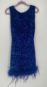 B. Darlin Sequin Feather Trim Open Back Mini Dress Women 15/16 Royal Blue Glam Photo 0