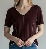 FINITY Women's Brown Knit V-Neck Short Sleeve‎ Top Size L Contrasting Trim Photo 0
