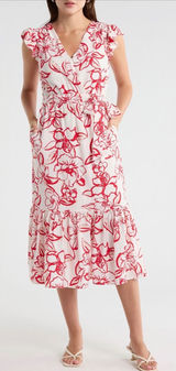 Sam‎ Edelman Petal Sketch V-Neck Maxi Dress Red White Floral Ruffle Size 10 NEW Photo 0