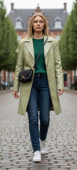 UNAULB Sage Green Crocodile Embossed Faux Leather Trench Coat Jacket Oversized Photo 0