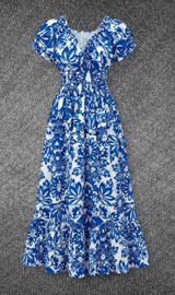 Blue White Floral Smocked Puff Sleeve Maxi Dress Size M Photo 0
