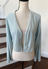 Alo Light Blue Ribbed Fleece Material Cropped Button V-Neck Long Sleeve Cardigan Photo 0