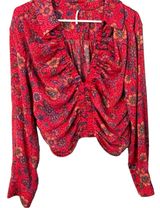 Free People $98 I Got You Floral Ruched V-Neck Cropped L/S Blouse Top Sz L Photo 0