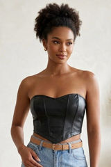 SHEIN Black Faux Leather Strapless Corset Crop Top with Sweetheart Neckline Photo 0