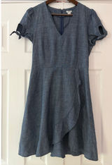 J.Crew Womens Blue Cotton Chambray Ruffle Faux Wrap V-Neck Tie Sleeve Dress 6 Photo 0