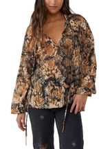 Free People Blouse Top XS Multicolor Snake Pattern Long Sleeve V-Neck Casual B55 Photo 0