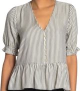 Madewell Courtyard Ruffle-Hem Blouse Top Striped V Neck Button Black White M Photo 0