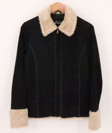Cavalini Y2K Suede Leather Jacket Vintage Womens Size M‎ Black Faux Fur Trim Photo 0