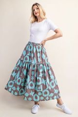 Boutique Geometric Print Tiered Maxi Skirt Taupe Turquoise Boho Resort L Photo 0