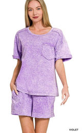 Zenana Halo Snow Washed Exposed Seam Top & Shorts Set - Violet - Small‎ Photo 0