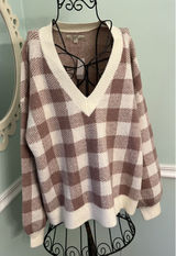 Ann Taylor Loft Sweater Large‎ Plaid Gingham Pink Sweater Sz L V Neck NWT Photo 0