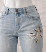 White House Black Market Light Wash Embroidered Distressed Straight Leg Jeans Photo 0