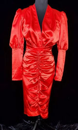 PrettyLittleThing‎ Red Satin Ruched Skirt Puff Sleeve Midi Dress Photo 0