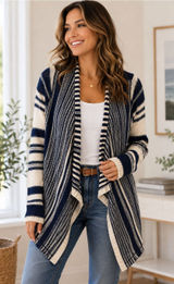Lucky Brand Women’s M Navy Cream Striped Waterfall Cardigan Open Front Sweater Photo 0