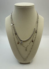Silver Tone Triple Layered Necklace Heart Star Charms Beaded & Rope Chain Set Photo 0