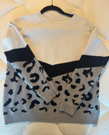 SHEIN Cream, Gray & Black Leopard Colorblock Crewneck Sweater Photo 0
