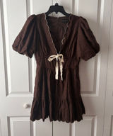 House of Harlow 1960 Brown Linen Dress Scallop Trim Cottagecore Size 6 Photo 0