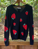 LOFT Women's Navy & Red Strawberry Print Pullover Sweater Size S Photo 0