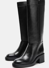 Zara $139 Faux Leather Black Boots Chunky Block Low‎ Rubber Heel Hunting Moto Photo 0