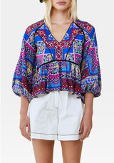 Hunter Bell Women Grayson Linen Patchwork V-Neck Top Medium Blue Mosaic Peplum Photo 0