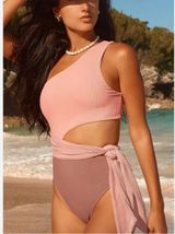 Beach Riot Medium NEW Claire One-Piece Rib Swimsuit Mauve Pink One Shoulder Knot Photo 0