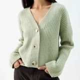 Kendall and Kylie Ribbed V neck Cardigan Button down Pistachio Green Small Photo 0