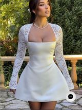 White Lace-Sleeve Square Neck Mini Wedding Dress Photo 0