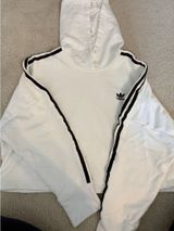 Adidas White Crop Hoodie Women’s Sweatshirt 3 Stripes Embroidered Photo 0