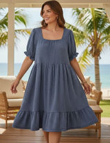 Simply Southern Blue Striped Seersucker Tiered Babydoll Dress Square Neck‎ Large Photo 0