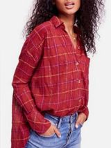Free People Break My Stride Plaid Gauze Button Up Oversized Boho Festival XS Photo 0