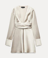 Zara Ivory Satin V-Neck Long Sleeve Mini Dress Photo 0