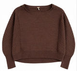 Free People Women’s Large Brown Ribbed Knit Sweater Dolman Balloon Sleeve Boho Photo 0