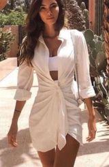 Choosy St. Crosby Long Sleeve Cover Up Dress in White Plunging Neckline Tie at Waist Photo 0