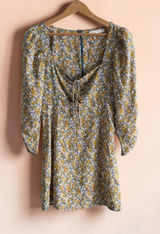 Lush Floral Mini Dress Teal Mustard Puffed Long Sleeve Sweetheart Tie XS Photo 0
