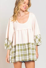 Shades Of Fall 3/4 Sleeve Plaid Rib Knit Tiered Tunic Balloon Sleeve Women’s Med Photo 0