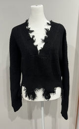 HERA COLLECTION Black Distressed V Neck Sweater Long Sleeve Raw Hem‎ Casual Photo 0