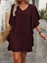 Burgundy Batwing Sleeve V-Neck Short Knit Dress Photo 0