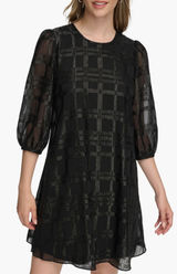 Calvin Klein Metallic Windowpane Trapeze Dress | Black | Size 16 | Sheer Sleeve Photo 0