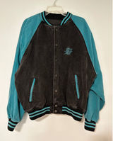 International Denim Vintage Varsity Bomber Jacket Black Teal XL Tampa Bay Auto Photo 0