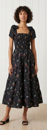 NWT Hill House Ribbon Ellie Nap in Black Ikat Taffeta Smocked Midi Dress XS Photo 0