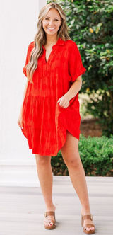 Umgee Womens 100% Cotton Dress Large Red Polka Dot Tiered Short Sleeve Boho‎ Photo 0