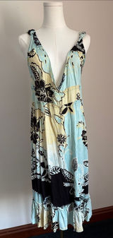 Plunge Neck Floral Midi Dress in Light Blue and Cream Photo 0