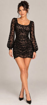 BCX Women's Y2K Black Floral Mesh Lace Ruched Mini Dress M Whimsigoth Witchy Photo 0