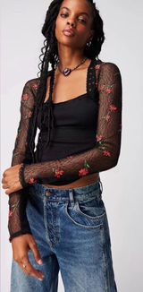Free People Jolie Thermal Top XS Black Floral Mesh Lace Long Sleeve Boho Photo 0