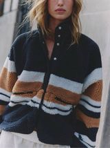 Free People Hit The Slopes Printed Fleece Jacket - Black Nutmeg Stripe - NWT Photo 0