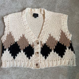 Lumiere Cream V-Neck Cropped Knit Vest with Beige and Black Argyle Photo 0
