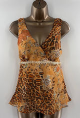 California Krush Vintage Y2K Leopard Paisley Lace Babydoll Top Photo 0