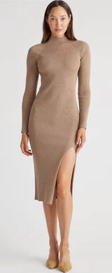 Quince Eco-Knit Ribbed Mock Neck Sweater Dress in Warm Taupe Size Large Photo 0
